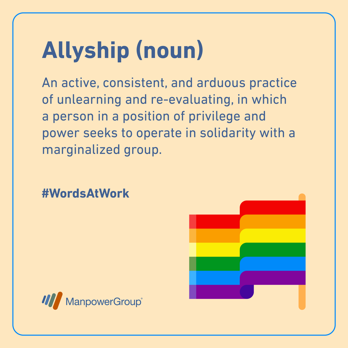 rightmanagement's tweet photo. Allyship is a lifelong process and is necessary if we are to create a more inclusive world where all feel welcomed. To learn how to be an LGBTQ+ ally in the workplace, download our #WordsAtWork guide: https://t.co/YUiBam3Z57
#ManpowerGroupPride #Diversity #DEIB #Ally #PrideMonth https://t.co/eF9j6UqVbF