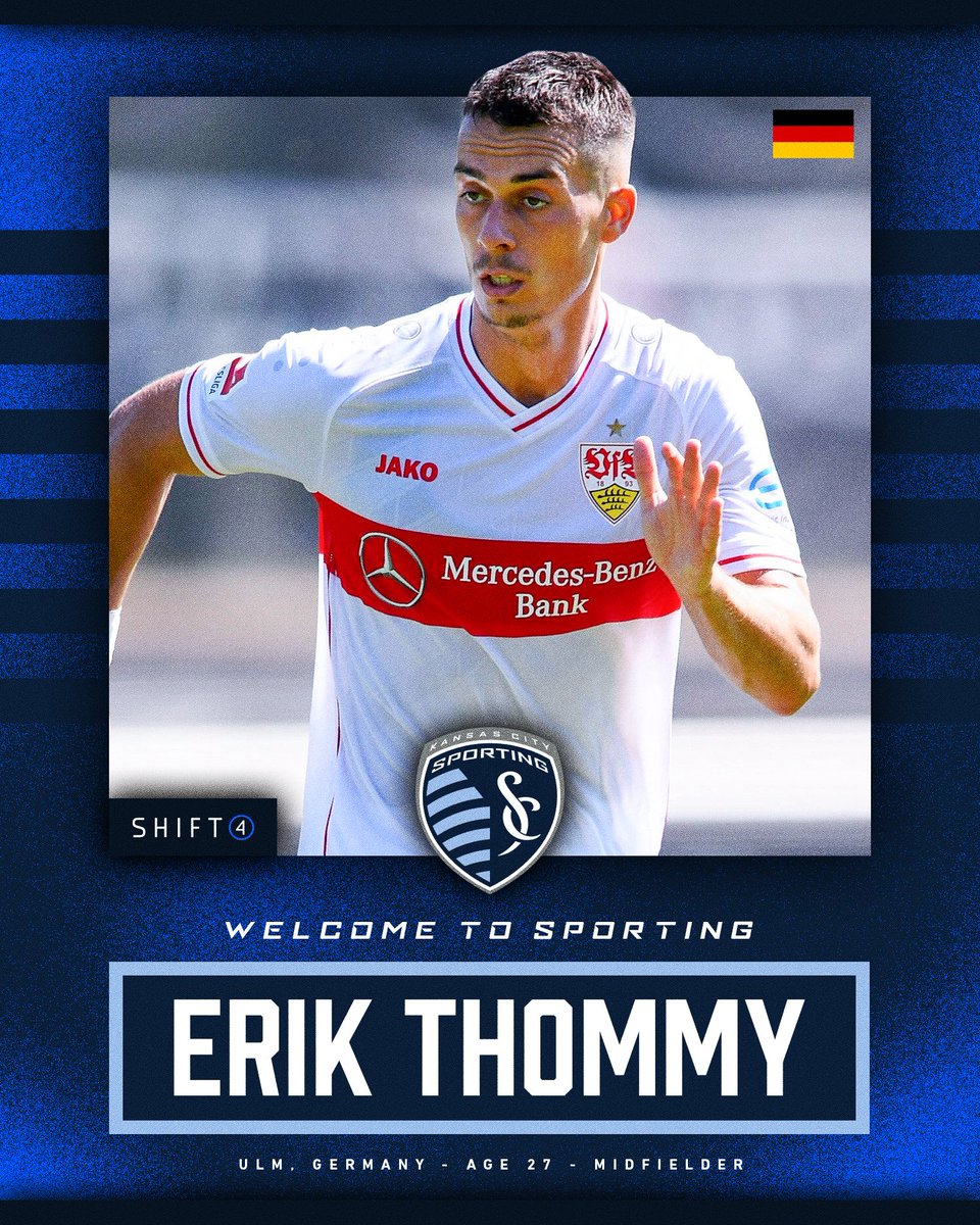 SportingKC's tweet photo. NEWS: Sporting Kansas City sign midfielder Erik Thommy.
📰: https://t.co/8LiAv6fpJS
#SportingKC | @Shift4 https://t.co/mnB6s9HQCu