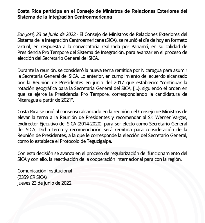 ExpePublico's tweet photo. 📍#RELEVATE | Consenso en el @sg_sica para nombrar al nicaragüense Werner Vargas como Secretario General.

El Ministerio de Exteriores de #CostaRica informa del consenso tras un año de que la institución quedó acéfala.

Propuesta se remitirá a los 7 presidentes del organismo. https://t.co/euAYn770z4