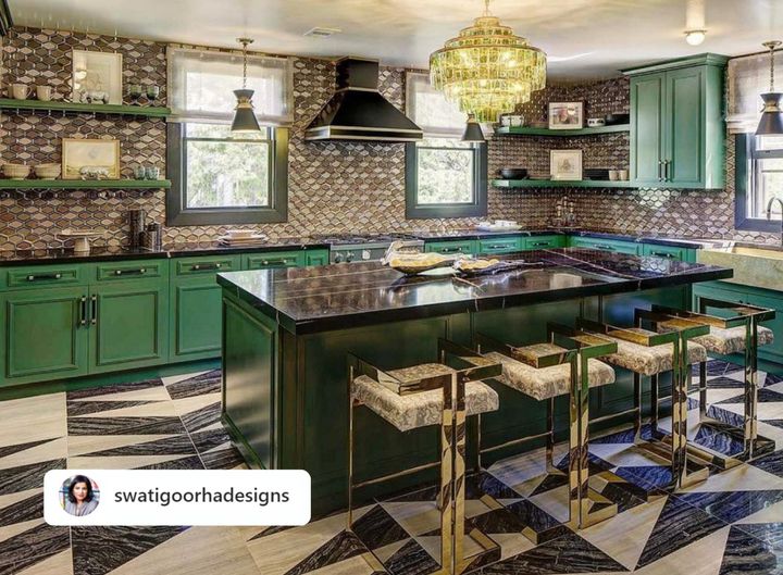 Go bold or go home! These custom floors from Swati Goorha Designs are bringing us major #floorinspo and #tileinspo today. Who's looking to create something like this in their kitchen? #lavalleflooring #floorideas #floordesign #homedesign #jamestownnd