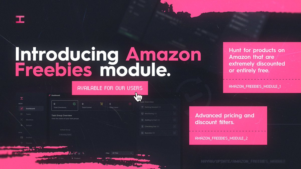 HayhaBots's tweet photo. With 35+ modules supported from retail to sneakers, it's time we added something a bit different 👀

Hayha v2 now supports Amazon Freebies! #hayhavalue

Want to try it out? Subscribe to our waitlist: https://t.co/r9qRmn8ESj

♻️ RT &amp; ❤️ Like for a chance to win a FREE key https://t.co/CCg2h1mHGd