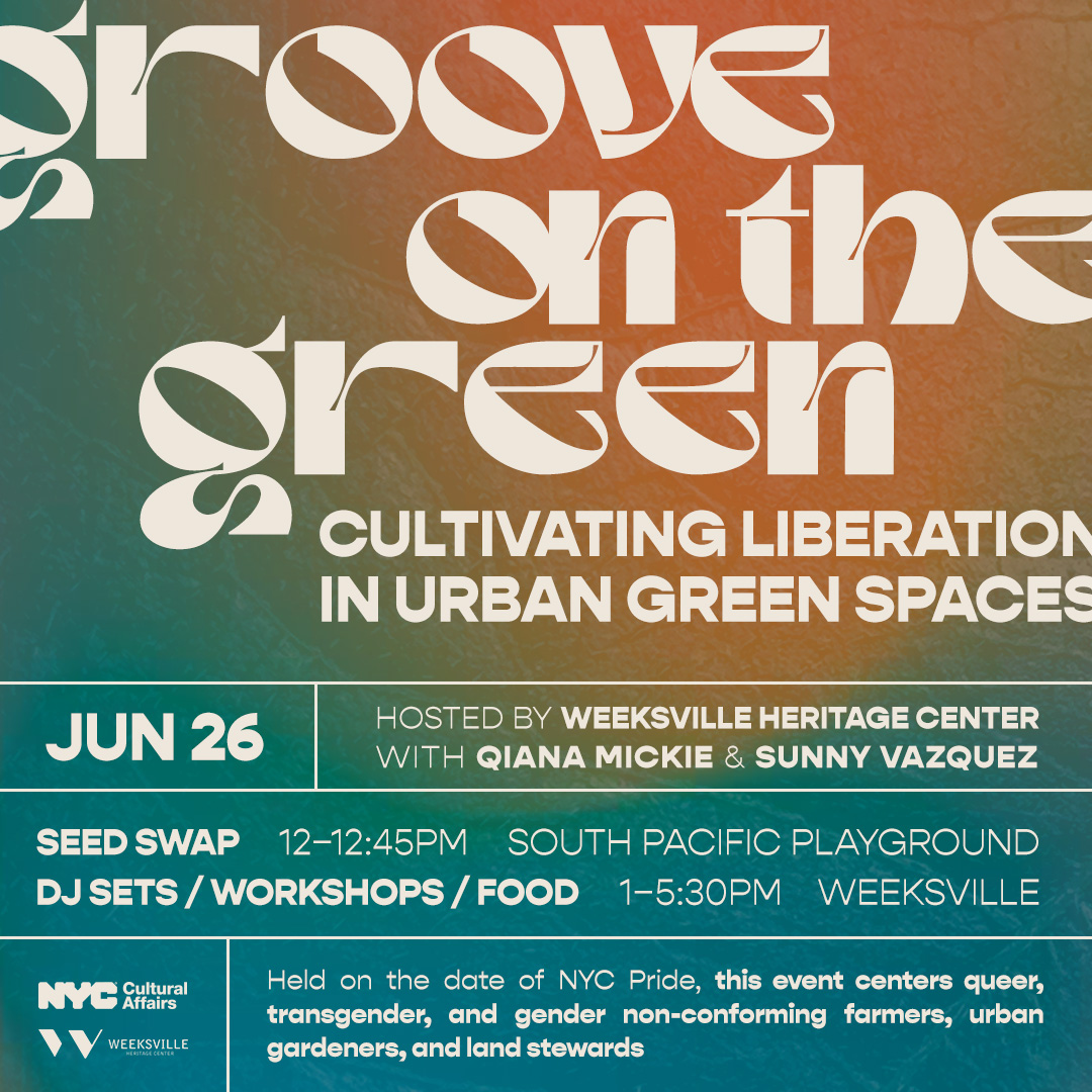 Weeksville's tweet photo. Groove on the Green (JUNE 26): Cultivating Liberation in Urban Green Spaces brings communities together through greenspace in urban lands and celebrates how land and liberation are intertwined. Featuring DJs, food, Bomba performances, demonstrations, workshops, and a seed swap. https://t.co/rEkjtP27gA