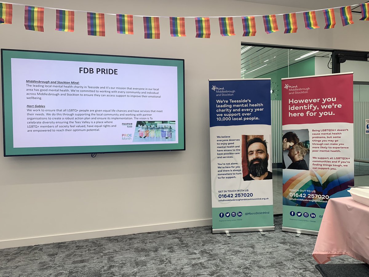 Set up today at #fujifilm. Thanks for having us from @MboroStcktnMind , alongside @HartGables too. Staff and student drop in to talk holistic health, wellbeing and social needs, and different options for accessing support #socialprescribing #mentalhealth #pride2022