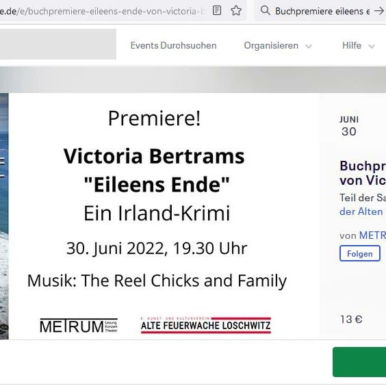 VicBertrams's tweet photo. Heute in einer Woche: Premiere von "Eileens Ende" im idyllischen Garten der Alten Feuerwache Dresden Loschwitz mit original irischer Live-Musik #Krimi #Lesung https://t.co/dggENT7Sfl