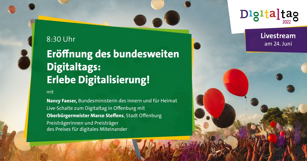 🙌 Es ist soweit – heute ist bundesweiter #Digitaltag! ✨ Um 8:30 Uhr eröffnet Bundesministerin <a href="/NancyFaeser/">Nancy Faeser</a> unseren Livestream 👉 digitaltag.eu. Wir freuen uns auf den Tag mit euch.✨
📌Alle Aktionen findet ihr in unserer Aktionslandkarte: digitaltag.eu/aktionslandkar…