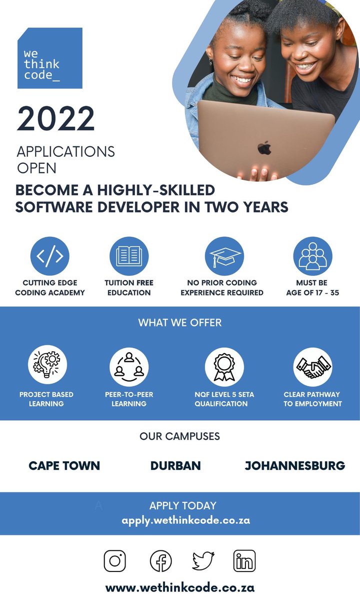 JosiahThobejane's tweet photo. Those aspiring to be software developers, @wethinkcode is recruiting https://t.co/YoBCD3VcIu

No matric or anything required I believe https://t.co/wMh6gKMS87