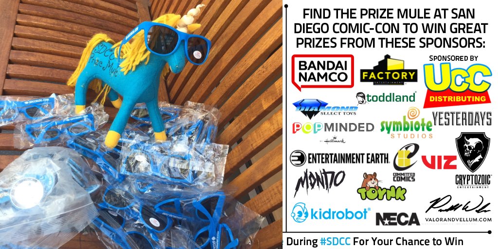 SD_Comic_Con's tweet photo. #AdventuresOfPrizeMule RETURNS! 

We'll be giving away prizes at #SDCC from:  @BandaiCollect @CollectDST @committedcomics @Cryptozoic @EntEarth @FactoryEnt @Hallmark @Kidrobot @NECA_TOYS @symbiotestudios @MondoNews @toddland @Toynktoys @valorandvellum UCC @VIZMedia @yesterdaysco https://t.co/eOkI32vjjB