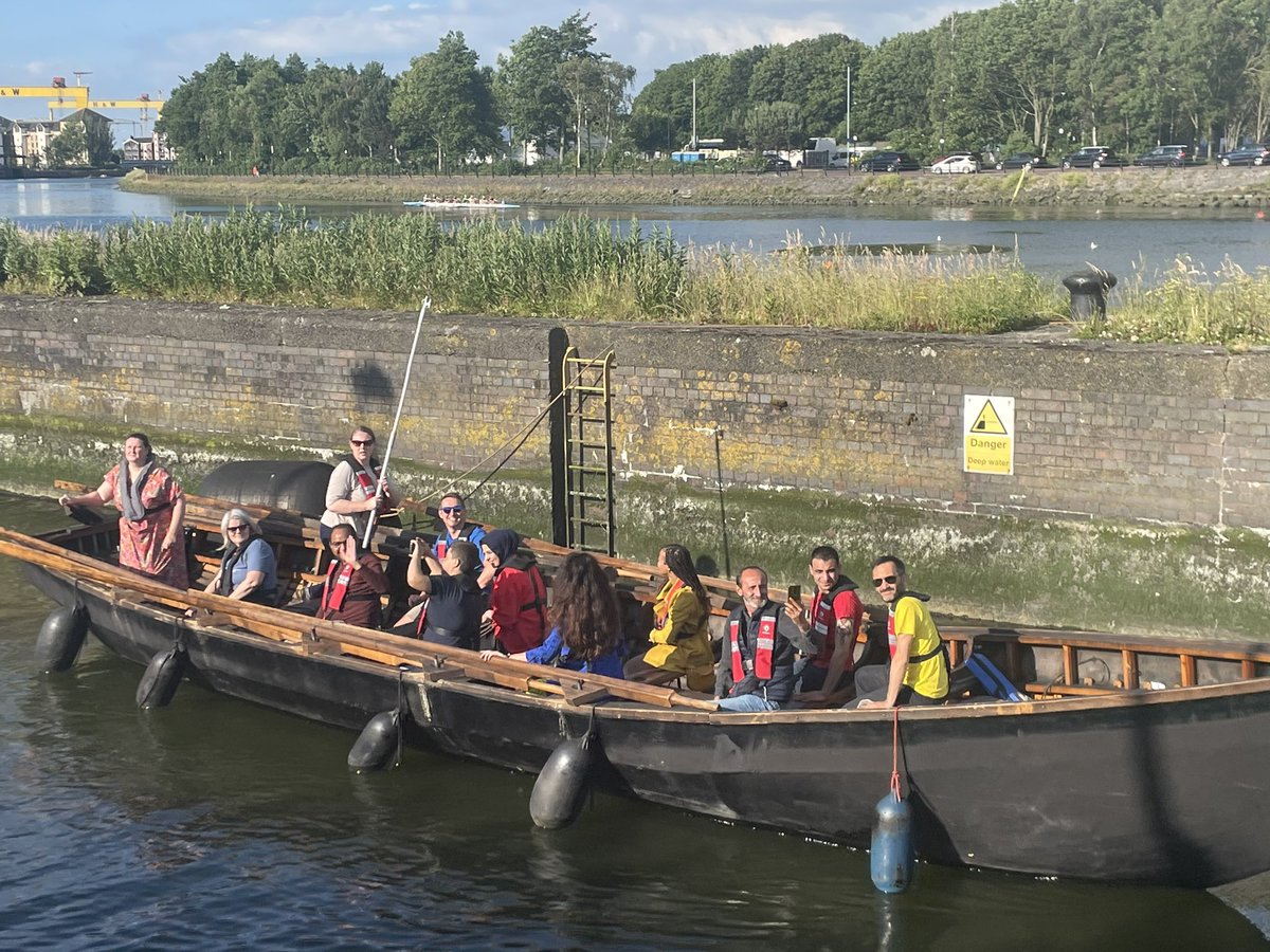 ClaireHanna's tweet photo. What an absolutely glorious evening to mess about in boats. Great event by the local Syrian community and @ExternCharity combining Syrian and Irish traditional music on the Lagan #RefugeeWeek2022 https://t.co/PHxshGgumz