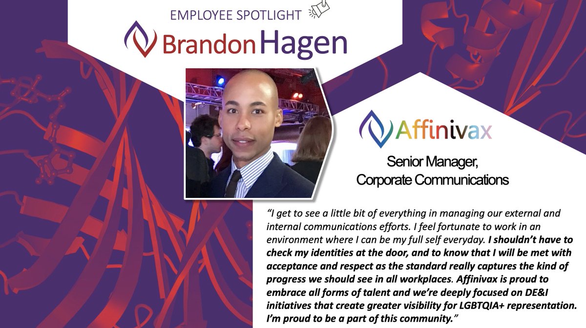 Affinivax's tweet photo. In honor of #PrideMonth, we are proud to introduce Brandon Hagen, Sr. Manager, Corporate Communications, in our Employee Spotlights Series for June. See what “pride” means to him and why being your authentic self should always be the standard. https://t.co/RbHhG1qP8j