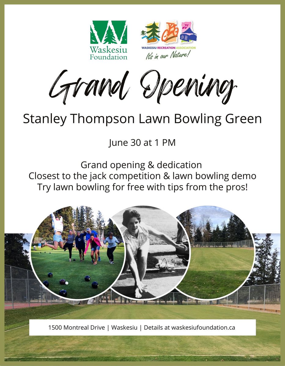 WaskesiuFound's tweet photo. Join us June 30 for some exciting celebrations:

11 am: Grand Openings of the Johnny Bower Sport Court &amp; Reel Rave Picnic Shelter

12 pm: Community BBQ at the picnic shelter hosted by The Shack

1 pm: Grand Opening Stanley Thompson Lawn Bowling Green https://t.co/a4EsUetXZI