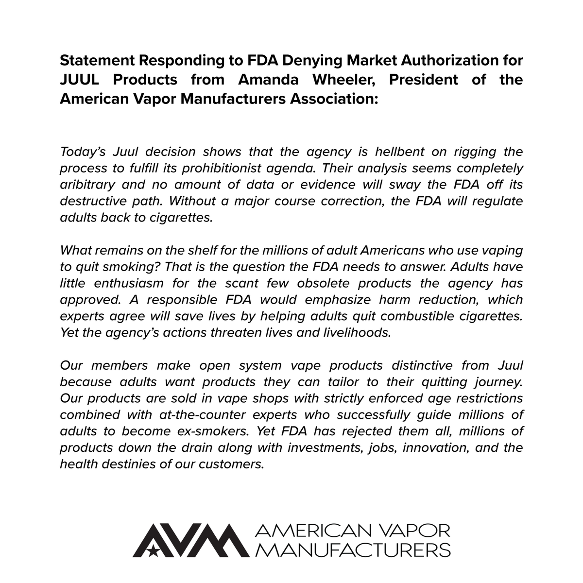 VaporAmerican's tweet photo. 🚨 Our statement on confirmation of FDA's decision to deny market authorization to Juul: https://t.co/gHQKnGwEoz