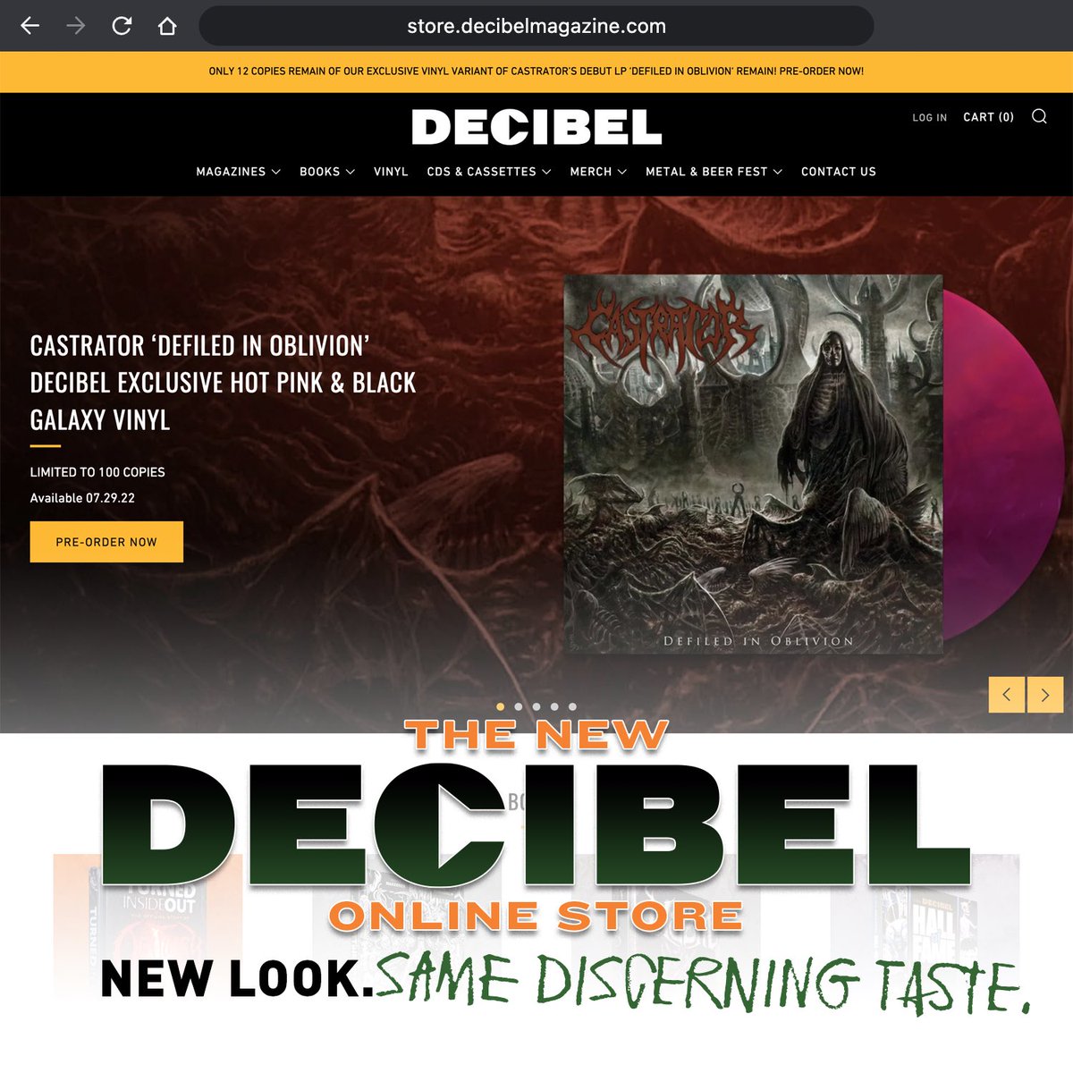 dbmagazine's tweet image. The all-new and improved Decibel webstore is live! New LPs, books and more in stock now! Only 12 of those exclusive #Castrator LPs variants left so get one now and/or kiss your nuts goodbye!

store.decibelmagazine.com