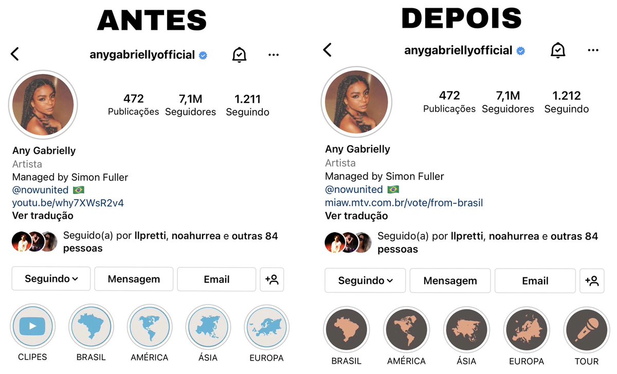 AnyGSource_'s tweet photo. O ANTES X DEPOIS do perfil da Any Gabrielly no Instagram. 

Além de atualizar a capa dos destaques, Any apagou o destaque “Clipes”, que era com os videoclipes do Now United, e mudou o link da biografia, colocando o link da votação do MTV MIAW. https://t.co/0SQMFEdKuC
