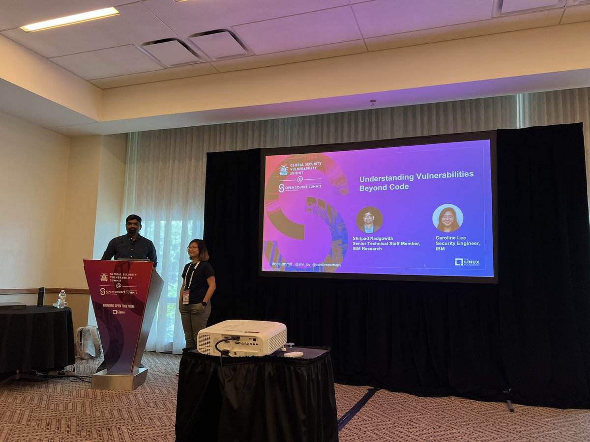 wangchen615's tweet photo. Great session is starting about “Understanding Vulnerabilities Beyond Code” by IBMers, @shri_jay and @carolineperhaps , at Open Source Summit 2022. #ossna #linuxfoundations #IBM #vulnerability https://t.co/SGj65ZhTap