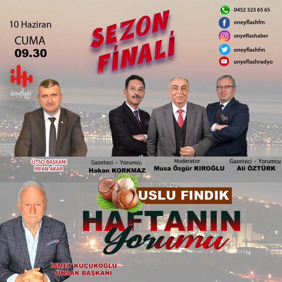 Yarın sabah sezon finali yapacağımız Uslu Fındık Haftanın Yorumu ile Eylül ayına kadar veda edeceğiz. Yarın ise yine önemli konu ve konukları değerlendireceğiz. Sabah saat 09.30’da kaçırmayın. #basın #haftanınyorumu #Fındık  #vilayet #konuk  #sezon  #final @irfan_Akar52