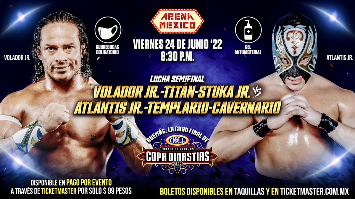 CMLL_OFICIAL's tweet photo. Volador Jr. unirá fuerzas con Titán y Stuka Jr. para enfrentar en el #ViernesEspectacularCMLL de Arena México a Atlantis Jr., Templario y Cavernario.

🎟️ en taquillas y en Ticketmaster: 
https://t.co/bqwOUDllzQ  

 ⚠️ Pago por Evento (Sólo $99):
https://t.co/4njia0xRWL https://t.co/2OjKaKya5L