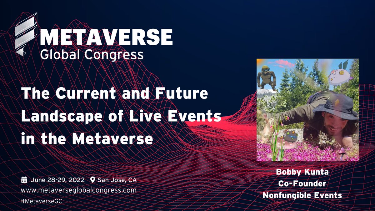 MetaverseGC's tweet photo. We are so excited to welcome @TheKuntaMC
Co-Founder, Nonfungible Events to #MetaverseGC next week! 

Bobby will be speaking at the session "The Current and Future Landscape of Live Events in the Metaverse"

There's still time to register and join us! https://t.co/s8bgqid8h7 https://t.co/l8izp6Jv61