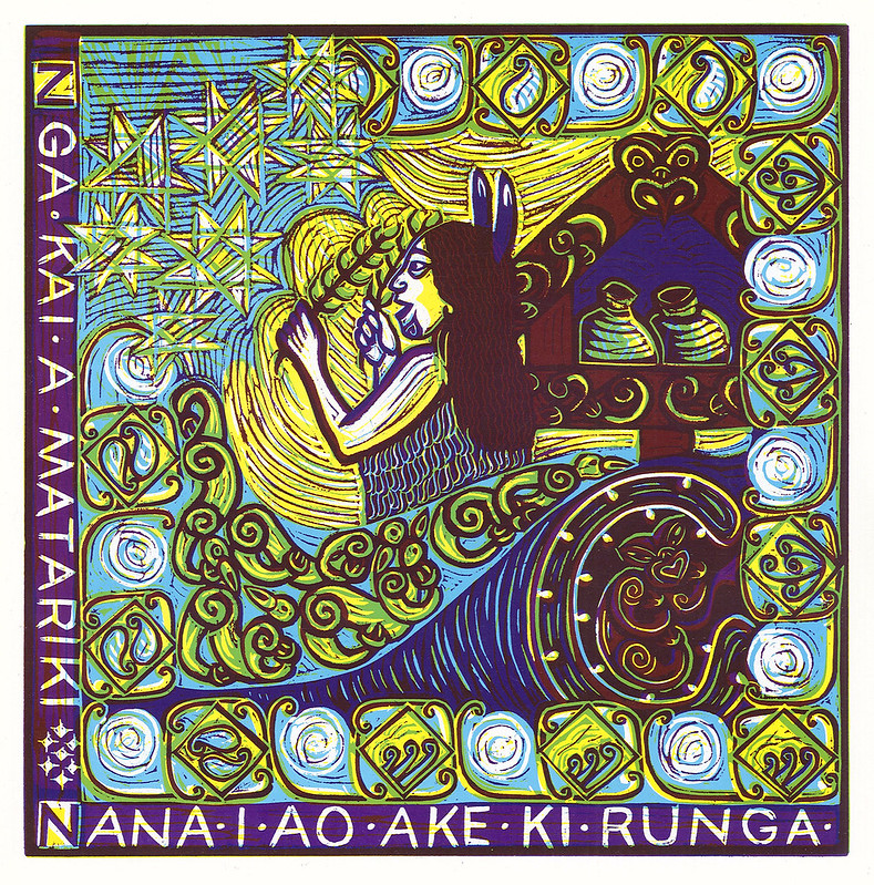 ArchivesNZ's tweet photo. A beautiful image from the archives this #Matariki: a lino block print from 1990 by Gabrielle Belz and Deirdre Te Maari Gardiner. It illustrated the month of June in ‘Nga Marama o te Tau’, a 1990 Māori calendar by Te Puna Publications.

Full record here: https://t.co/vKH06tJVgm https://t.co/4Qp30Rell3