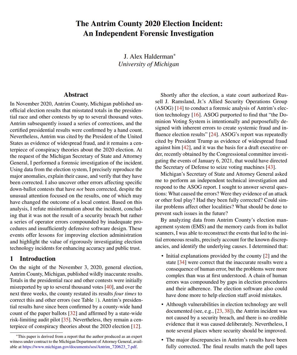 J. Alex Halderman (@jhalderm) on Twitter photo Want to know what really happened in Antrim County during the 2020 election?
I just posted a peer-reviewed paper based on the investigation I did for the Michigan SOS and AG. It will appear at <a href="/USENIXSecurity/">USENIX Security</a> in August.
jhalderm.com/pub/papers/ant… Want to know what really happened in Antrim County during the 2020 election?
I just posted a peer-reviewed paper based on the investigation I did for the Michigan SOS and AG. It will appear at <a href="/USENIXSecurity/">USENIX Security</a> in August.
jhalderm.com/pub/papers/ant…