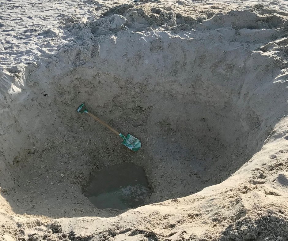 If you're digging to make a sandcastle or, in the case of this image a place to toss your shovel in! Please refill the hole and kindly take your things with you. It's a hazard to other beachgoers, especially our beautiful sea turtles. #bettertogether #marcoisland