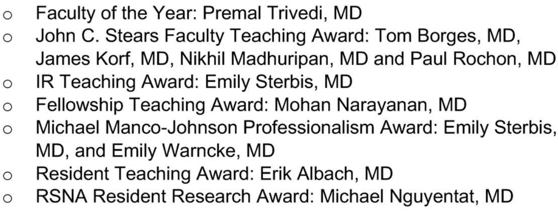 Congratulations to all our 2021-2022 year end award recipients!!! 💪🏼💪🏼💪🏼

<a href="/radtrivedi/">Premal Trivedi MD</a> <a href="/James_Korf/">James Korf</a> <a href="/madhuripan/">Nikhil Madhuripan</a> <a href="/pj_rochon/">PJ Rochon</a> <a href="/SterbisEmily/">Emily Sterbis</a> <a href="/mnguyentatMD/">Michael Nguyentat, MD</a>