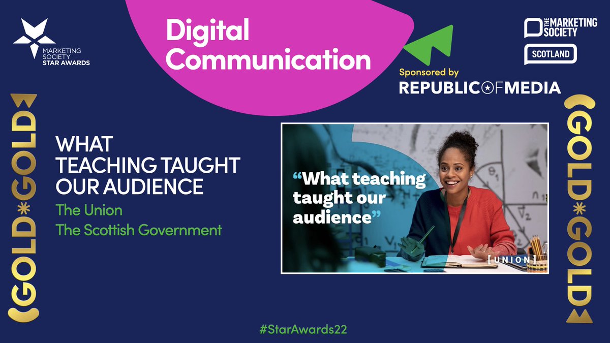 marketingsocSCO's tweet photo. ⭐ Picking up the GOLD award for Digital Communication is @unionagency/ @scogovmarketing for ‘What teaching taught our audience’ – many congrats! #StarAwards22 https://t.co/tVlHCngYhn