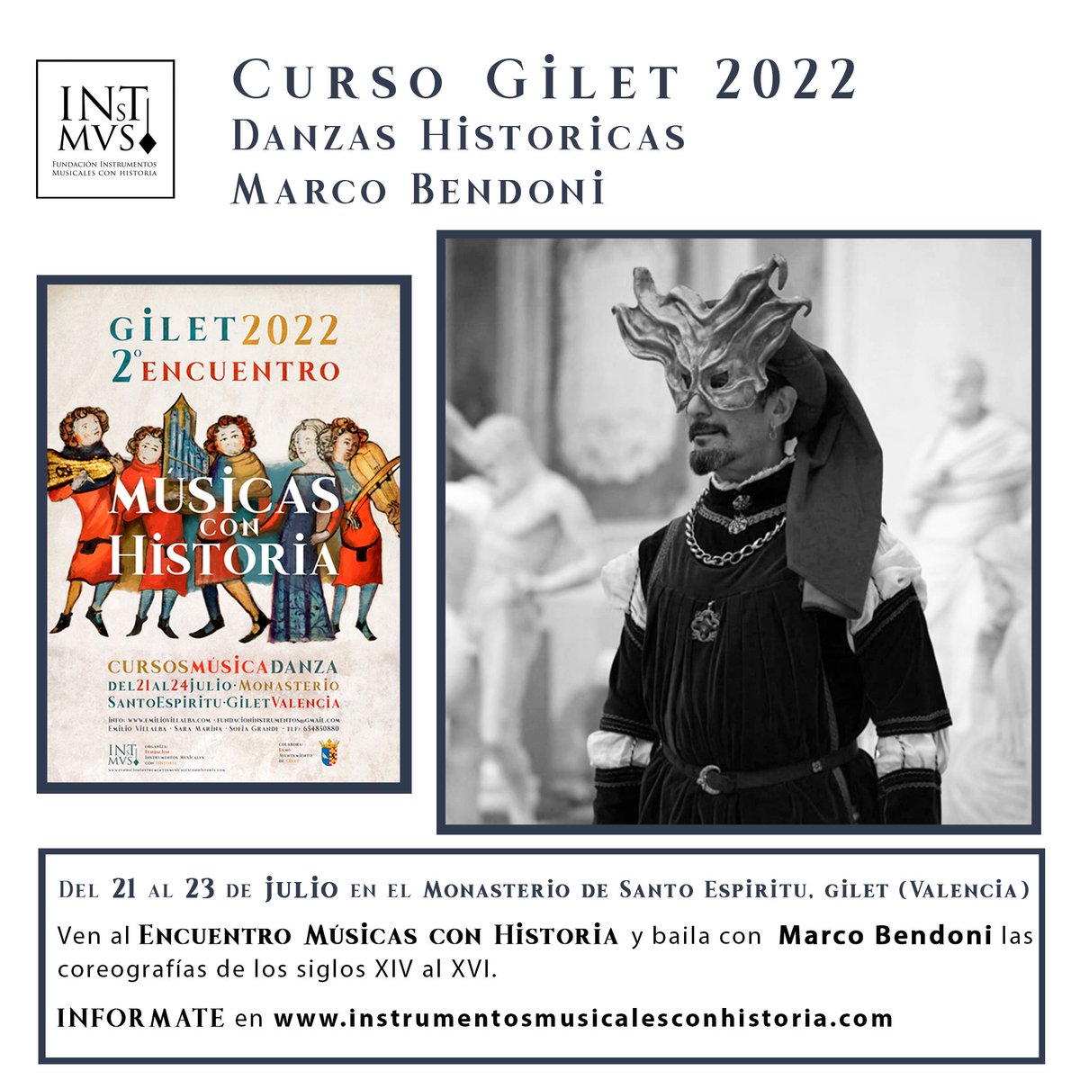 Inscríbete en el 𝗖𝘂𝗿𝘀𝗼 𝗱𝗲 #𝗗𝗮𝗻𝘇𝗮𝘀𝗛𝗶𝘀𝘁𝗼𝗿𝗶𝗰𝗮𝘀 impartido por #𝗠𝗮𝗿𝗰𝗼𝗕𝗲𝗻𝗱𝗼𝗻𝗶 en el II #EncuentroMusicasconHistoria de #GILET 🥰❤️
🎶 No te lo pierdas ‼️
Toda la info en musicasconhistoria.com
📌 Monasterio de Santo Espíritu
⏱️ Del 21 al 23 de JULIO