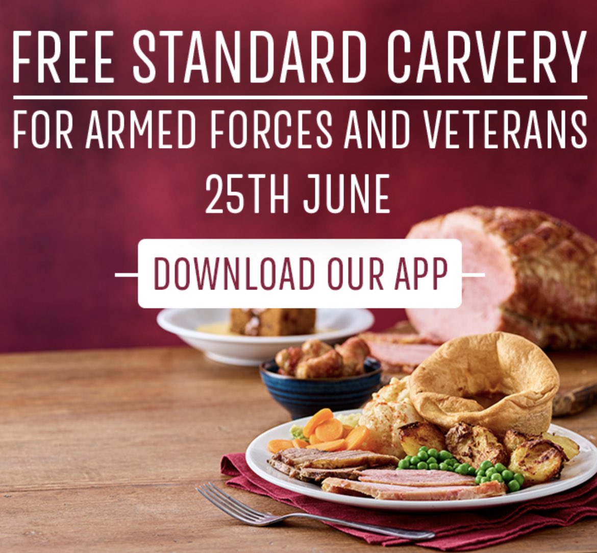 TobyMaesknoll's tweet photo. This #ArmedForcesDay (25th June) we’re offering a free carvery or breakfast to all military personnel, incl members of the British Army, Royal Navy &amp; the Royal Air Force (including serving troops, reserves, veterans &amp; cadets) find out more👉 https://t.co/glNpXhE3Gp @PoppyLegion https://t.co/MfTD6UlIM4
