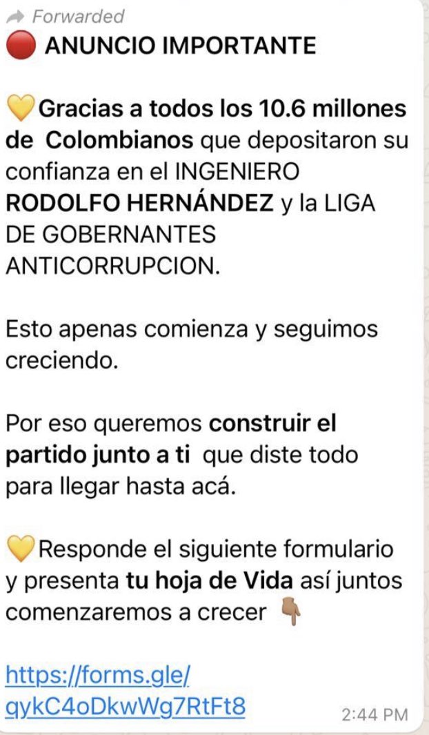 Compatriotas. Está circulando información falsa. No estamos pidiendo hojas de vida. Tengan cuidado con la información que suministran. Adviertan a sus seres queridos. <a href="/ingrodolfohdez/">Ing Rodolfo Hernandez 🇨🇴!</a> @RHpresidente