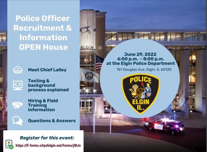 ElginPD's tweet photo. Thinking about applying to EPD? We will be hosting an open house on June 29 from 6:00 p.m. to 8:00 p.m., where you can find out more about being a police officer.
If interested please register at: https://t.co/F7du069uAE
#BeEPD https://t.co/EcKQVuKqj4
