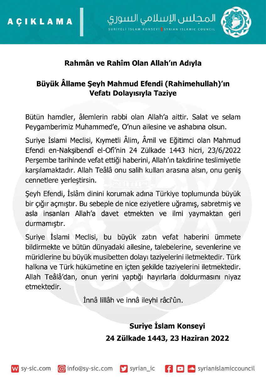 KIYAMDER's tweet photo. Suriye İslam Meclisi Şeyhimiz #MahmudEfendiHazretleri’nin ahirete irtihali için taziye mesajı yayınladı. https://t.co/ahHtlLkLky