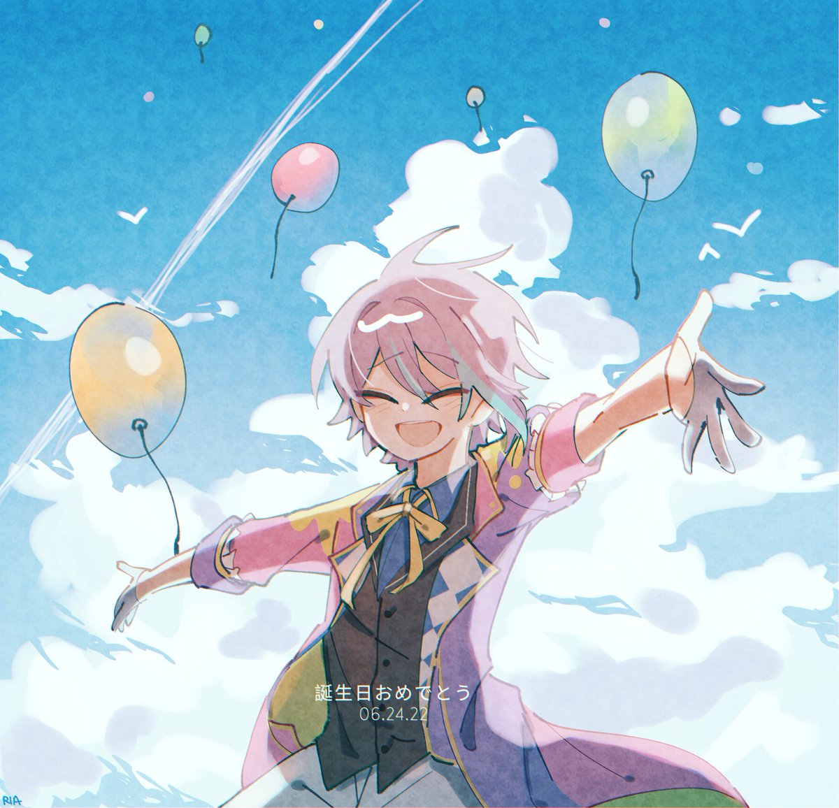 balloon 1boy male focus sky closed eyes smile cloud  illustration images