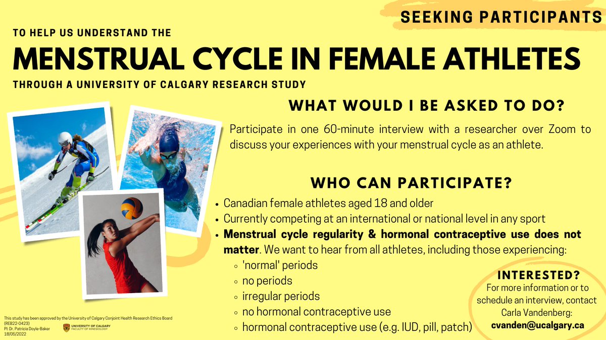 Kinesiology researchers <a href="/UCalgary/">U Calgary</a> are looking for female athletes 18+ to participate in an interview for a research study. Contact cvanden@ucalgary.ca. #sportscience #research #WomenInSport