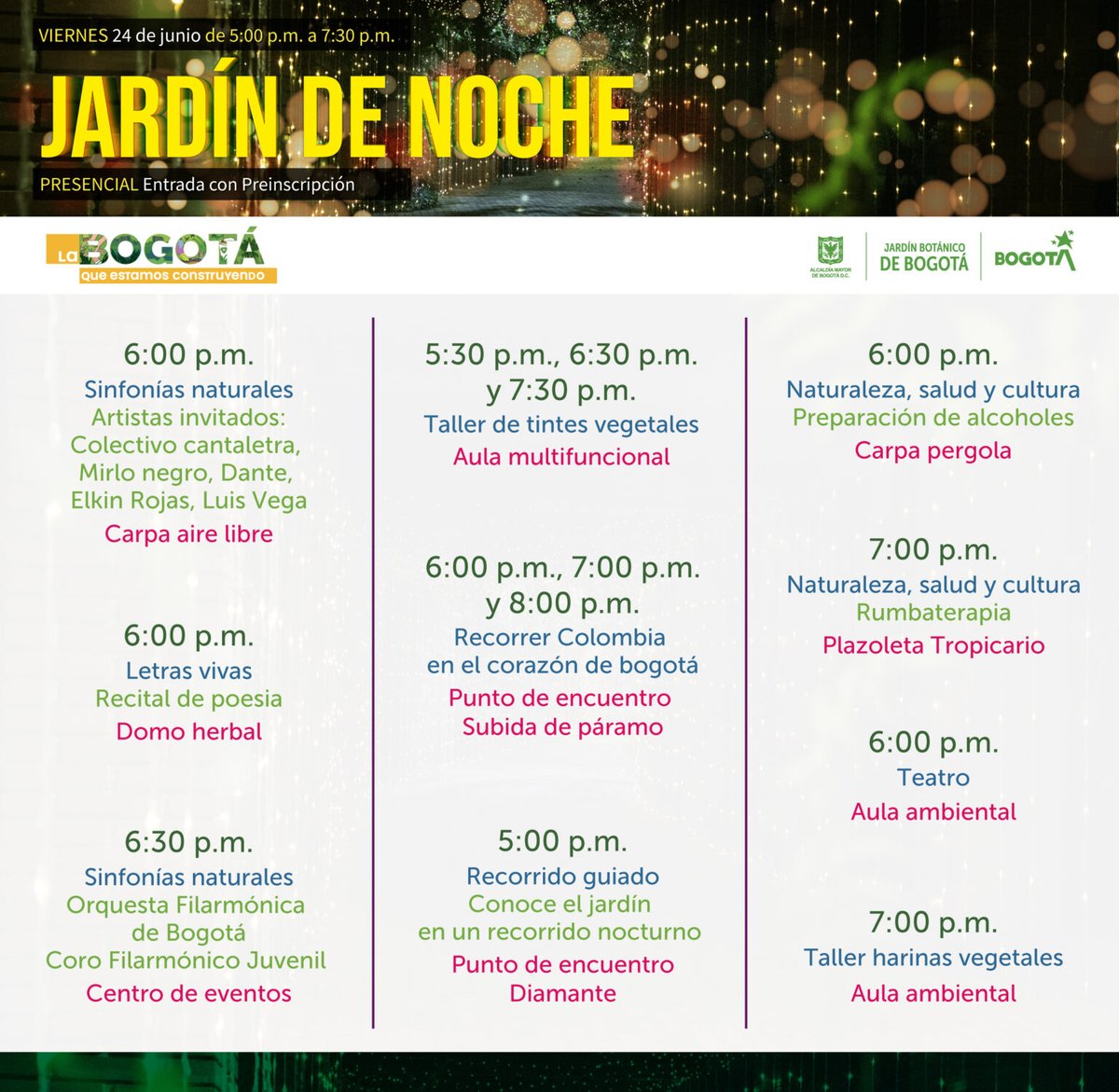 PersoTourCol's tweet photo. Du gratuit, du varié, du lourd : c’est la programmation au jardin botanique de #Bogota (https://t.co/WNDpMJhEwc) pour "le jardin, la nuit" ce vendredi 24 juin de 16h30 à 19h30.

Ce qui est proposé👇+ le lien pour la pré-inscription >https://t.co/qoX7gb86Ta

La #Colombie autrement https://t.co/HN0nzsz0Ql