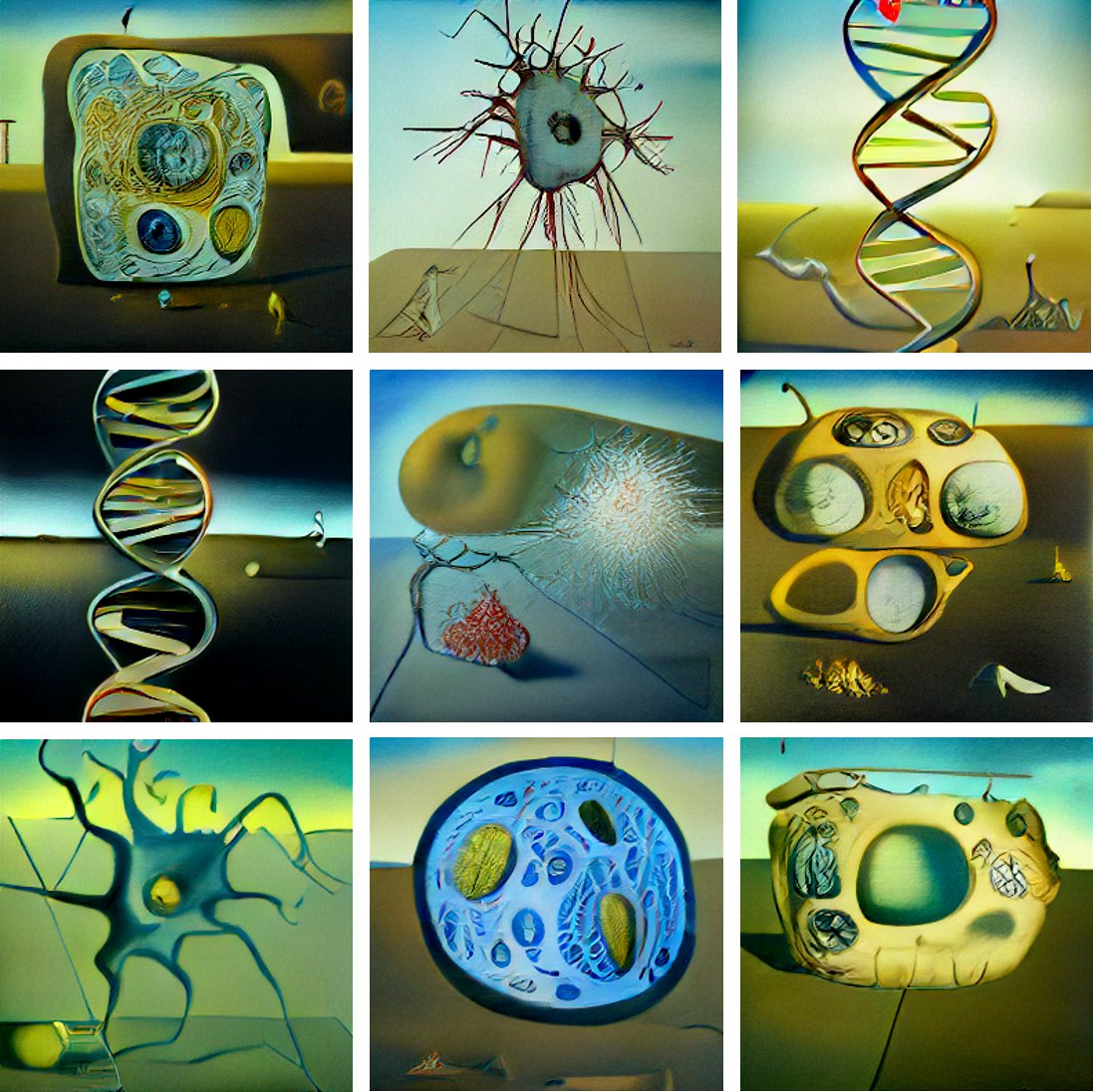 Imagine a human cell or DNA molecule painted by Salvador Dali. 

Perhaps the paintings would look like these.

Thanks to Artificial Intelligence (a program called DALL-E) we were able to create these images. Isn't it very cool?