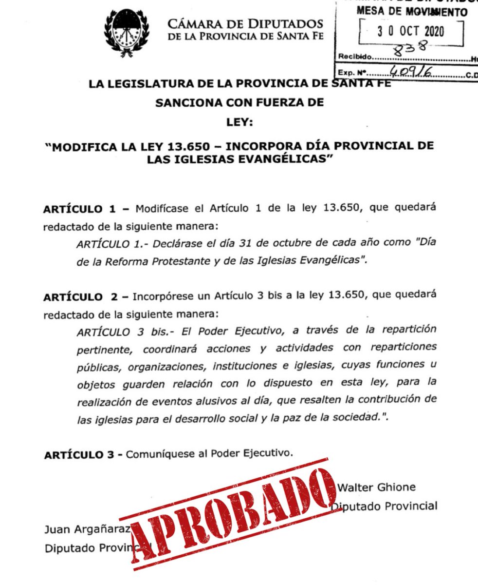 𝐃𝐢́𝐚 𝐏𝐫𝐨𝐯𝐢𝐧𝐜𝐢𝐚𝐥 𝐝𝐞 𝐥𝐚𝐬 𝐈𝐠𝐥𝐞𝐬𝐢𝐚𝐬 𝐄𝐯𝐚𝐧𝐠𝐞́𝐥𝐢𝐜𝐚𝐬

En la sesión de hoy se aprobó en <a href="/CamaraDipSF/">Diputadas y Diputados Santa Fe</a> por unanimidad el proyecto de ley que establece e incorpora el 31 de octubre como día de la reforma protestante y DÍA DE LAS IGLESIAS EVANGÉLICAS