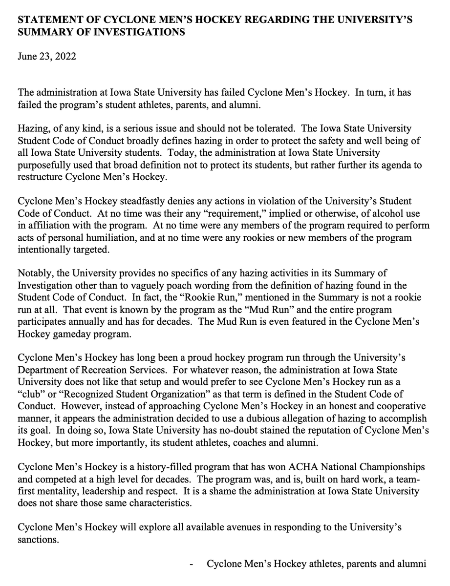 HOCKEYIOWASTATE's tweet photo. Our statement in regards to Iowa State's summary of investigations. https://t.co/Vu2vGq9DxK