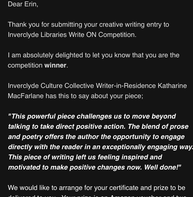 mazmck1's tweet photo. While one daughter is all about racing, the other is entering creative writing competitions....and winning. Love what Katharine had to say about her piece. 🤗 #writeoncompetition #inverclydeculturecollective #creativewriting #climatechange @InverclydeLibs @_stcolumba @3vil3rin https://t.co/Yp8Ph5Byg5