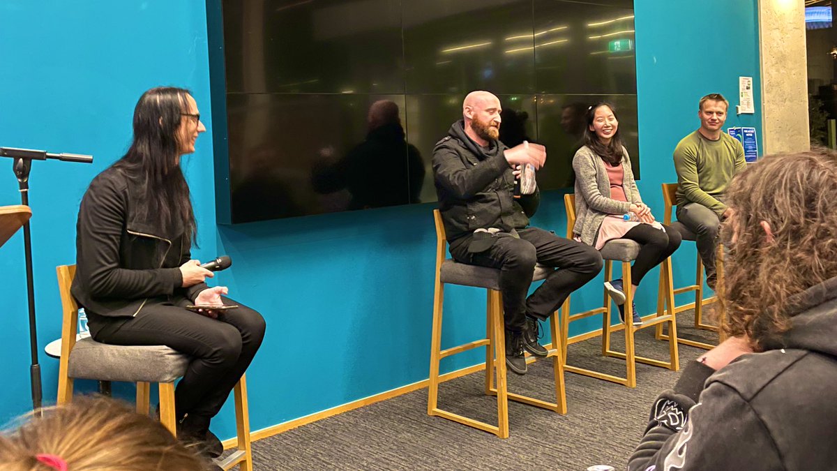 DunedinGameDev's tweet photo. How good’s an in-person Meetup! So happy to be back with our friends. Huge thanks to co-founders @geoffkeene @DeepFieldGames @claudialeong90 @nutriblocks Rhys Gardner #Gfactor & @code_nz @V_garpend for joining us on panel and sharing your Ōtepoti indie studio journeys 💚 https://t.co/wvELknEfir