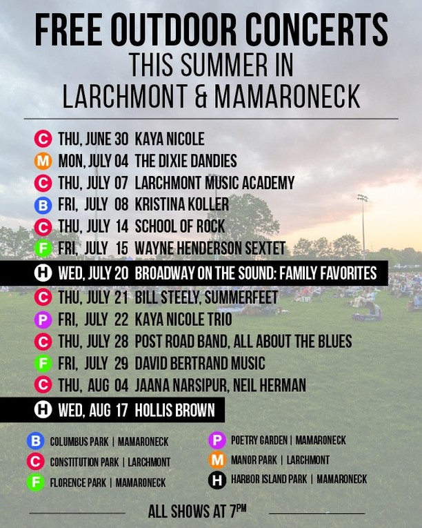 Catch up on good music and good times with a bevy of free outdoor performances on the Sound Shore this Summer! 6/30 | Kaya Nicole 7/4 | The Dixie Dandies 7/7 | Larchmont Music Academy 7/8 | Kristina Koller 7/14 | School of Rock 7/15 | Wayne Henderson Sextet 7/20 | Broadway On The