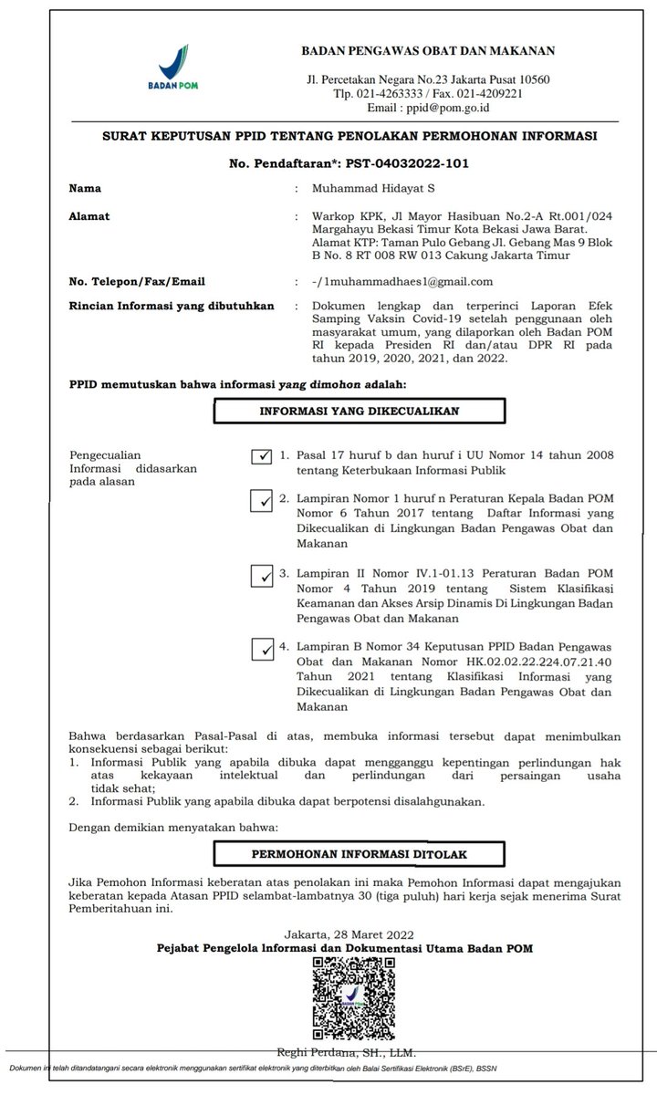 Mitra KIP (@mitrakip) on Twitter photo 1 dari 7 kasus sengketa informasi publik yg digugat ke Komisi Informasi Pusat dg pihak Tergugat Badan POM RI adlh kasus data efek vaksin setelah digunakan. Data tsb dinyatakan rahasia & tdk bs dibuka ke publik.
Knp publik tdk boleh tahu apa yg dpt mengancam keselamatan dirinya? 1 dari 7 kasus sengketa informasi publik yg digugat ke Komisi Informasi Pusat dg pihak Tergugat Badan POM RI adlh kasus data efek vaksin setelah digunakan. Data tsb dinyatakan rahasia & tdk bs dibuka ke publik.
Knp publik tdk boleh tahu apa yg dpt mengancam keselamatan dirinya?