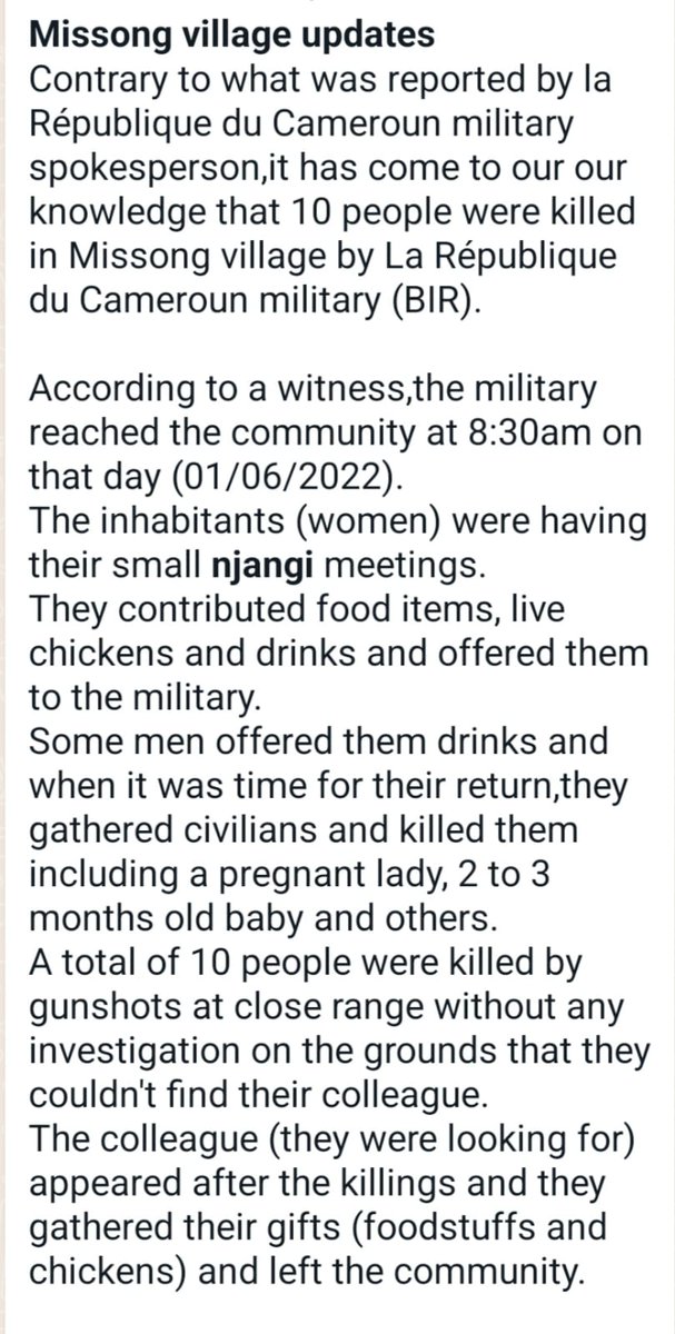 MariantaNjomia's tweet photo. Thanks to @AJEnglish for ur article on the genocidal ATTROCITIES of Biya's regime. https://t.co/GCDEhSmHlK But the Cameroon gov lied re the civilians been hostile. Pls see the Missong Village Updates attached. @bbcworldservice @ITV @Channel4News @cnnbrk @ICN_UK @EmmanuelMacron https://t.co/EjLtPP11it