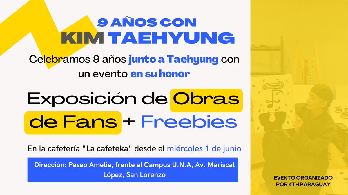 proyectos_kthpy's tweet photo. 📢 Nuestro proyecto por el 9no aniversario de debut de Taehyung es extendido por TODO el mes de Junio 🥳 

🏠Local: La Cafeteka, Avda Mcal López 2160, Paseo Amelia - San Lorenzo (frente a FIUNA) 

⬇️⬇️ https://t.co/d3VHDrA3LZ