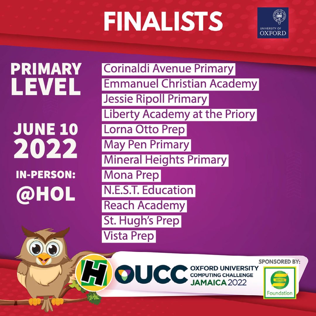 hallsoflearning's tweet photo. Congrats to all finalists of the Oxford University Computing Challenge! 
▫️
Sponsored by: SEPROD Foundation #codejamaica #coding #stem #computerscience #computationalthinking https://t.co/HuFrjla24I