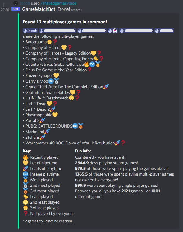 GameMatchBot is live! Invite it to your discord here: gamematchbot.com

Not sure what multiplayer game to play?
Add it to your Discord  server, set your steam ids, and it will tell you what multiplayer steam games you &amp; your friends have in common!