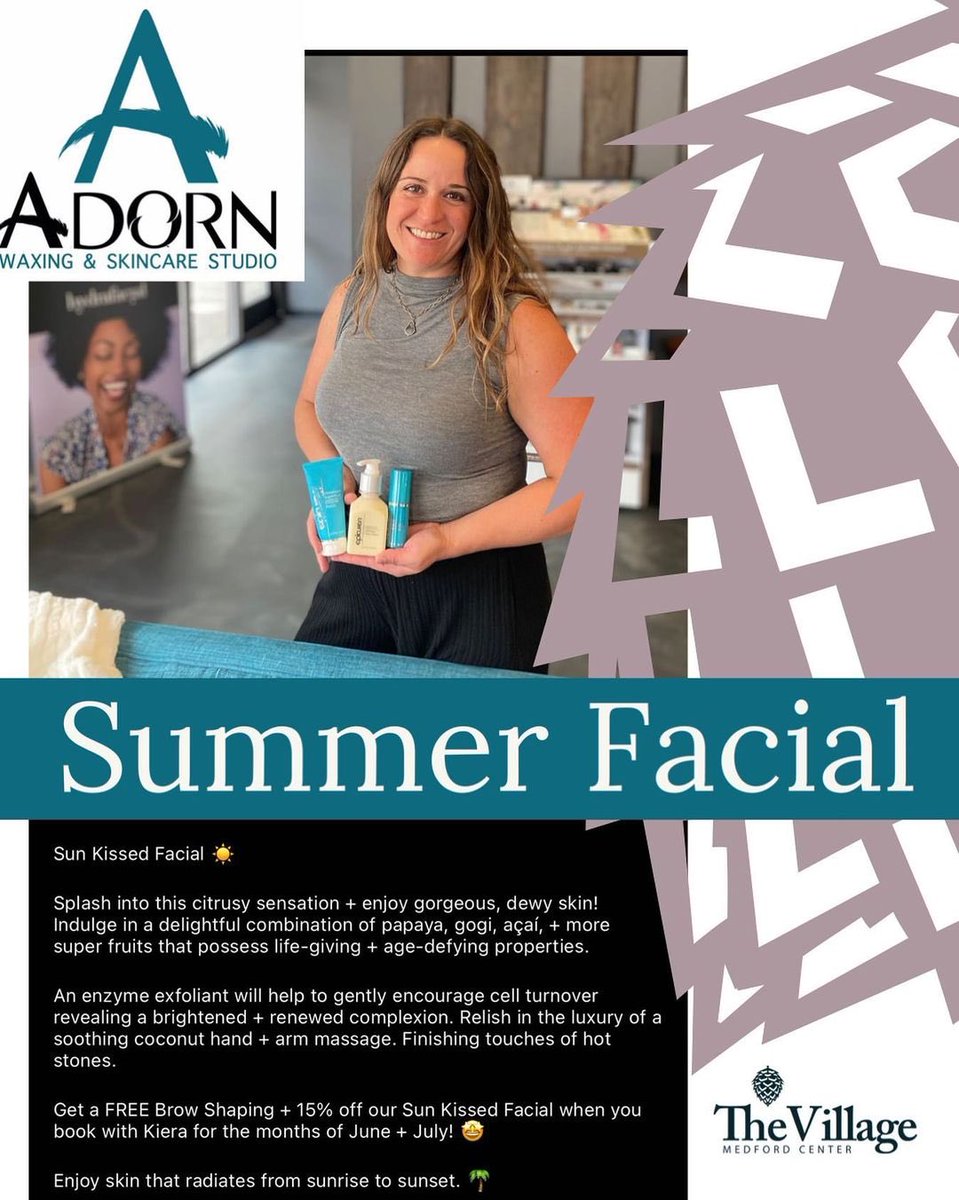 Right now, Adorn Waxing and Skincare has an amazing new Summer Facial for you and we are sure you’re gonna love it! 

#shinyskin #healthyface #summerfacial #freshlook #selfcare #beauty #summershine #medfordoregon #southernoregon #roguevalleyoregon #thevillagemedfordcenter