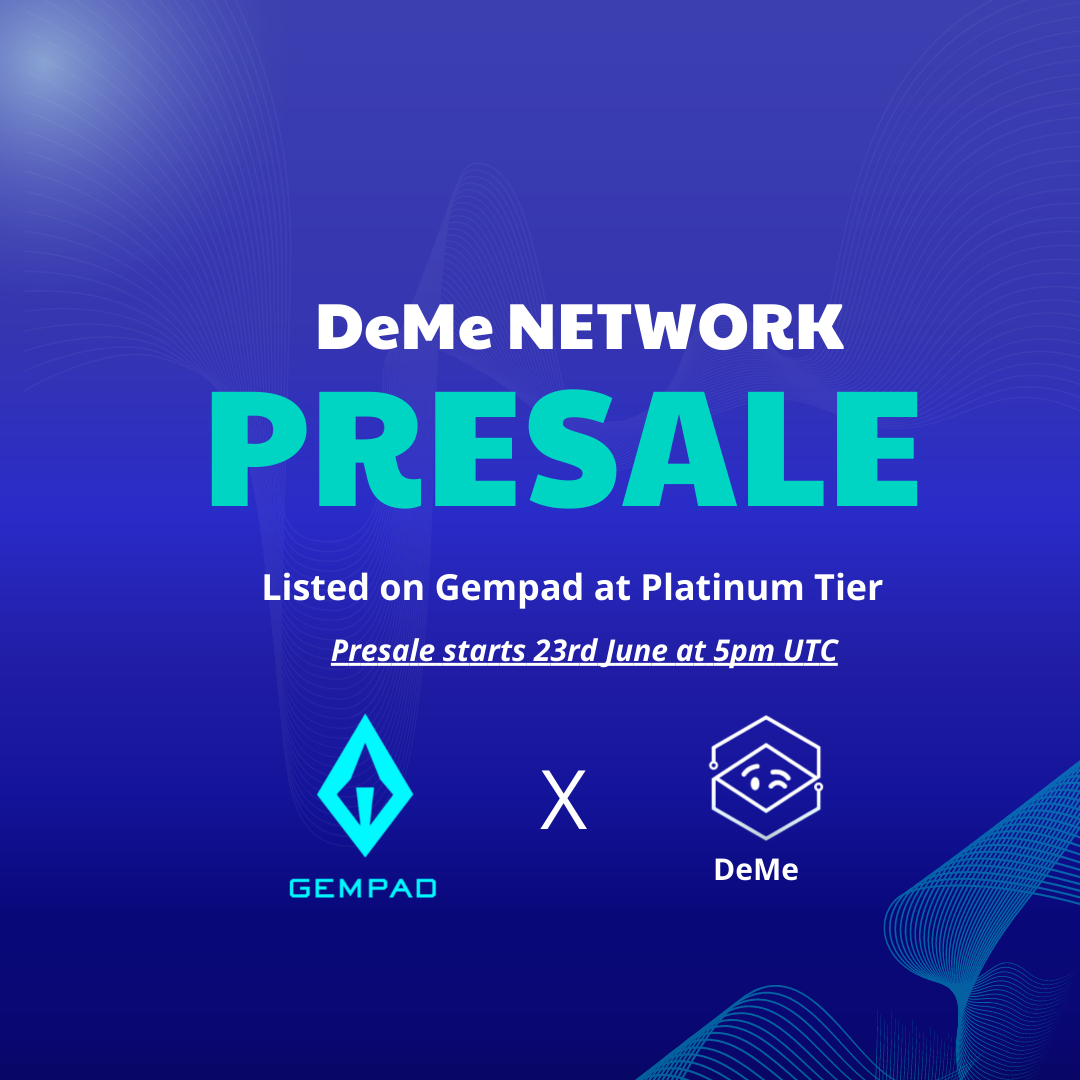 TheDemeNetwork's tweet photo. 🚨 Presale now listed 🚨

Our presale is now listed with 
@TheGemPad

Goes live on 23rd June at 5pm UTC

We will have more details released soon on how you will be able to score a whitelist spot 🚀

Presale link 🔗
https://t.co/YiVcQHQTMU https://t.co/r4e9cq3HrX