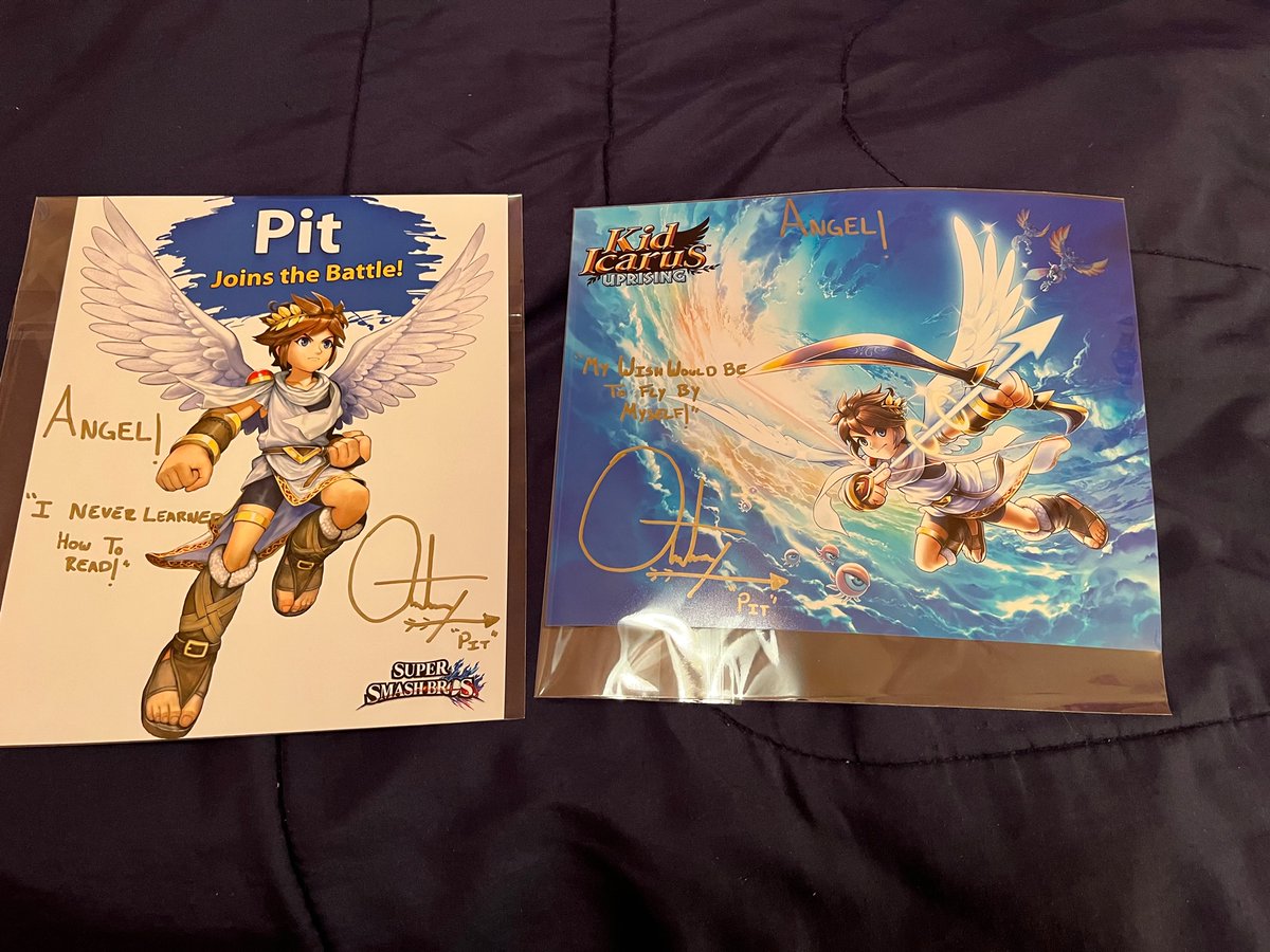 Angel_Toon_YT's tweet photo. So I recently received these lovely Pit and Palutena autographs from the amazing @TheAntonyDelRio and @missalihillis ! I love both the characters and these autographs so much! Beautiful!💙 #KidIcarus #autographs #10YearsofUprising #KidIcarusUprising #Pit #Palutena https://t.co/56Hlc3BSqq