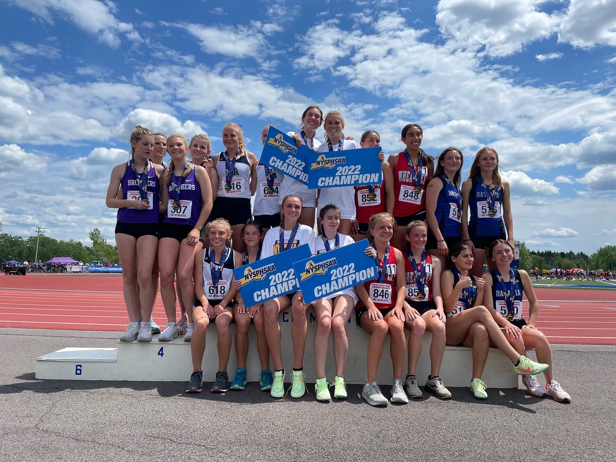 NYSPHSAA's tweet photo. Here’s State Finalists for Girls Division 2, 4x800. The champions on the podium are Bronxville High School. Those champions are: Junior Hope Hershberg, Junior Katharine O’Hare, Sophomore Madeline Stupart, and Senior Ava Black.  #nysphsaa Outdoor Track &amp; Field Championships. https://t.co/pEoRCGnL8u