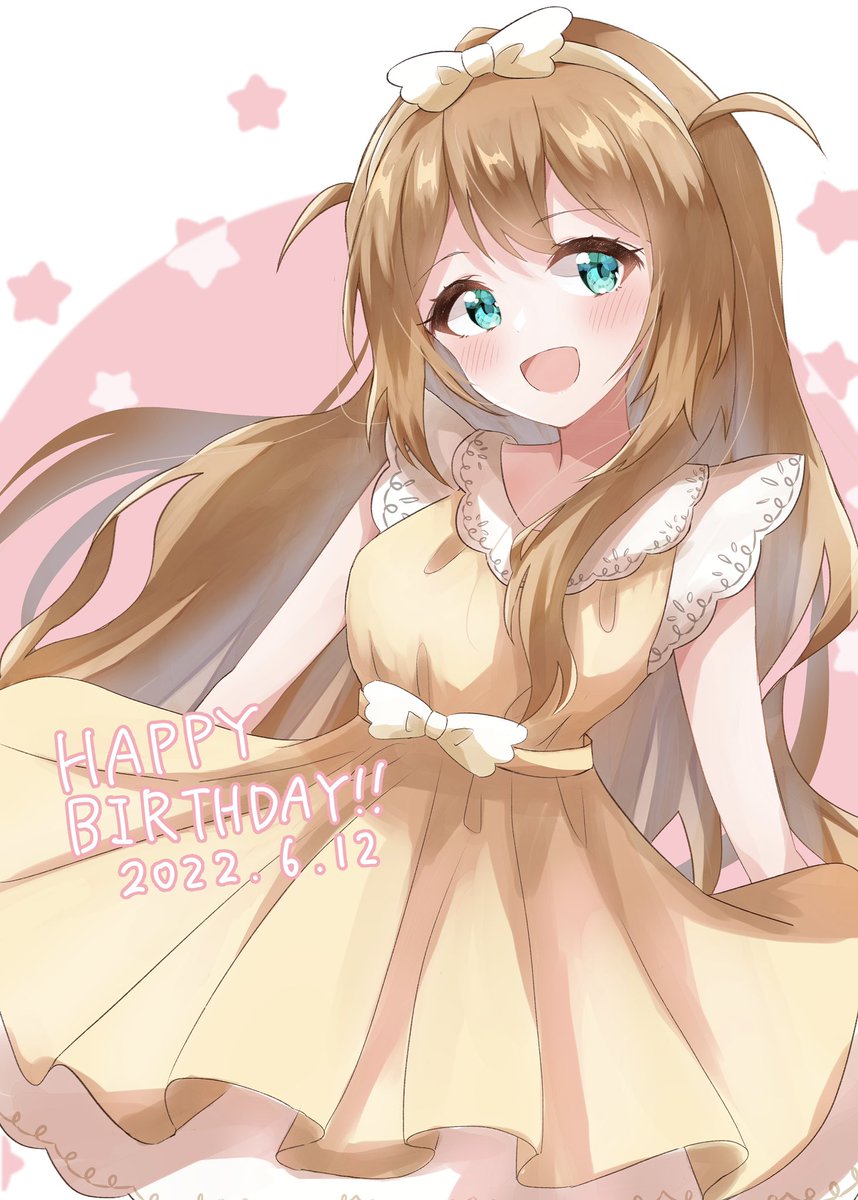 1girl dress solo long hair yellow dress happy birthday smile  illustration images